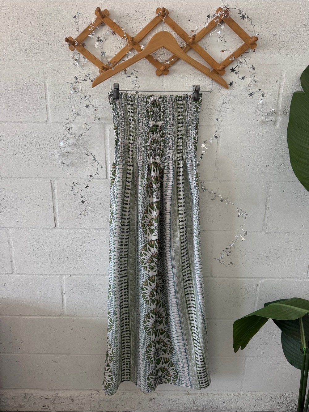 Green Smocked strapless midi dress